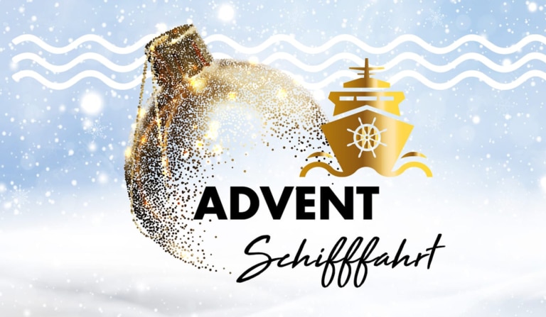 Illustration mit Weihnachtskugel und Schnee für die Advent-Schifffahrt der MS Mondseeland im Winter für Weihnachten.