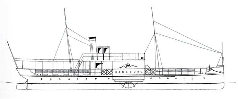 Eine technische Zeichnung des Dampfschiffes Habsburg - vor Umbau Stephanie - von der Seite. Der Bug schaut nach rechts. Schwarze Striche auf weißem Grund.