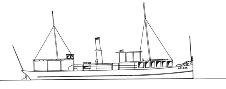 Eine technische Zeichnung des Dampfschiffes Helene von der Seite. Der Bug schaut nach rechts. Schwarze Striche auf weißem Grund.